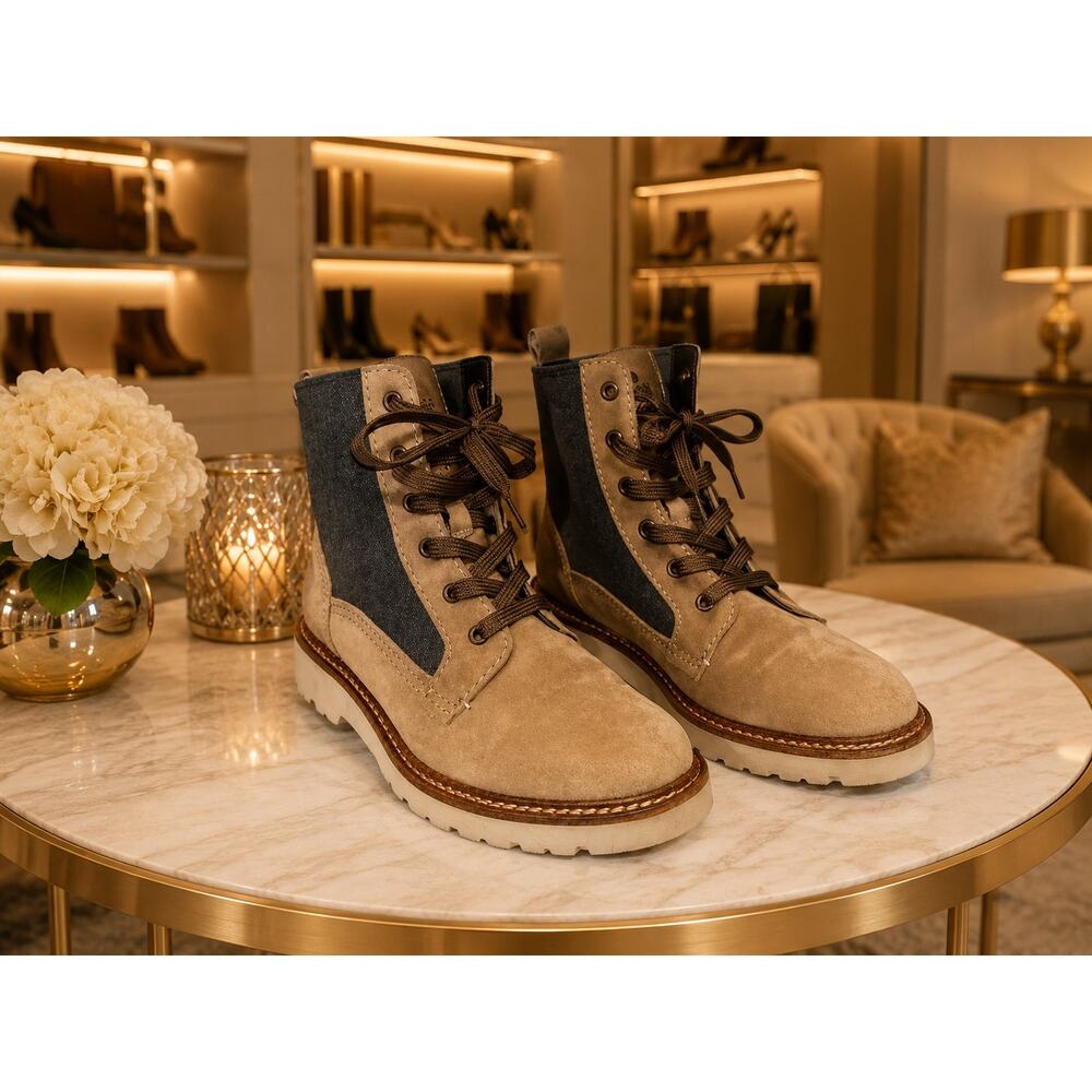 Bionica Derinda Gray Tan Combat Ankle Boots Ortholite Eco Sole 8M Chic Preppy